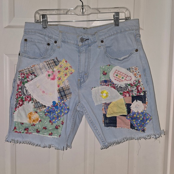 Levi's Upcycled Patchwork Denim Shorts Handmade Frayed Hem Unique Design - Picture 1 of 7